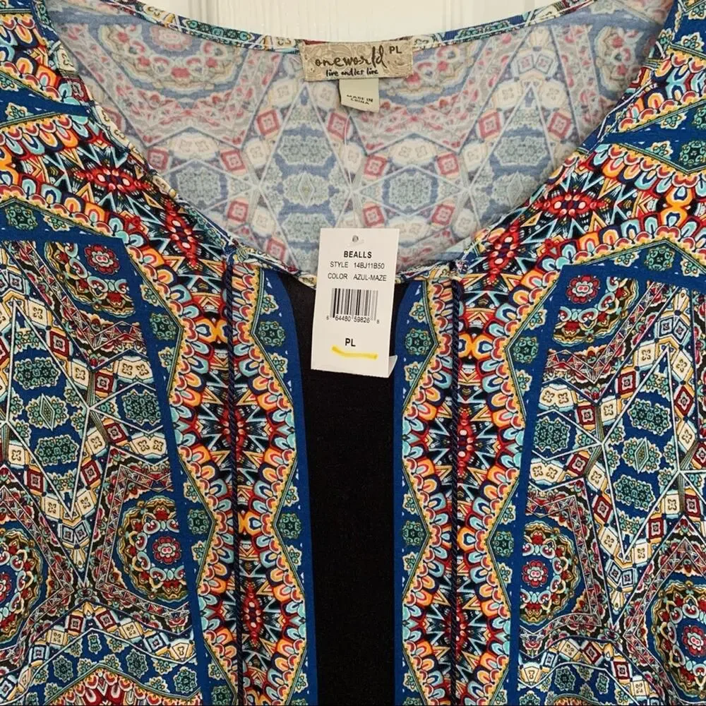 One World Multicolor Boho Print Peasant Top Petite Large NWT - Picture 2 of 6